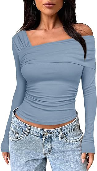 Asymmetric One Shoulder Ruched Knit Top - Blue