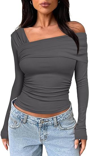 Asymmetric One Shoulder Ruched Knit Top - Charcoal