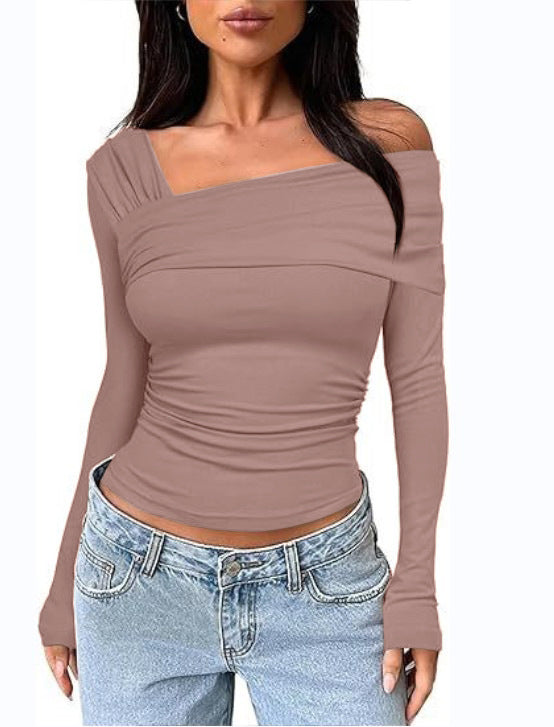 Asymmetric One Shoulder Ruched Knit Top - Taupe