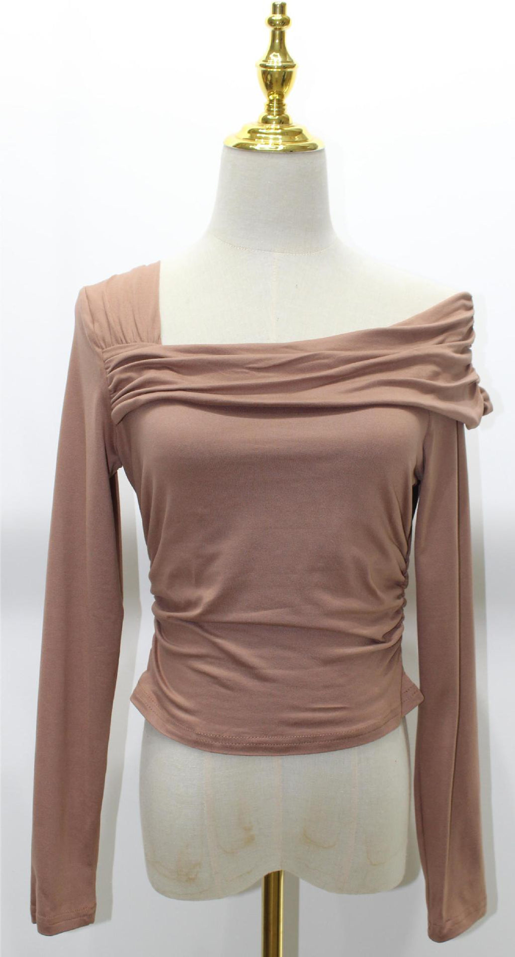Asymmetric One Shoulder Ruched Knit Top - Taupe - 1