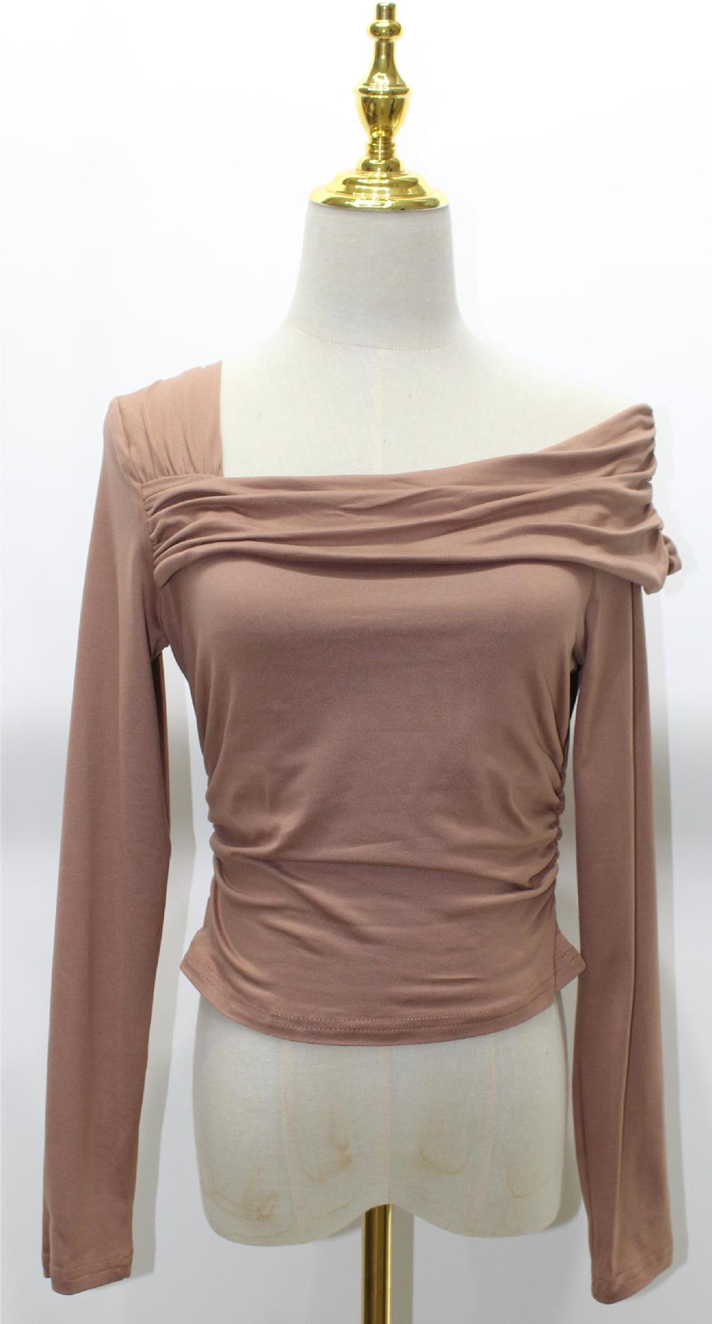 Asymmetric One Shoulder Ruched Knit Top - Taupe - 1