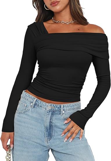 Asymmetric One Shoulder Ruched Knit Top - black