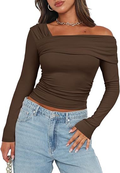 Asymmetric One Shoulder Ruched Knit Top - brown