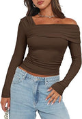 Asymmetric One Shoulder Ruched Knit Top - brown