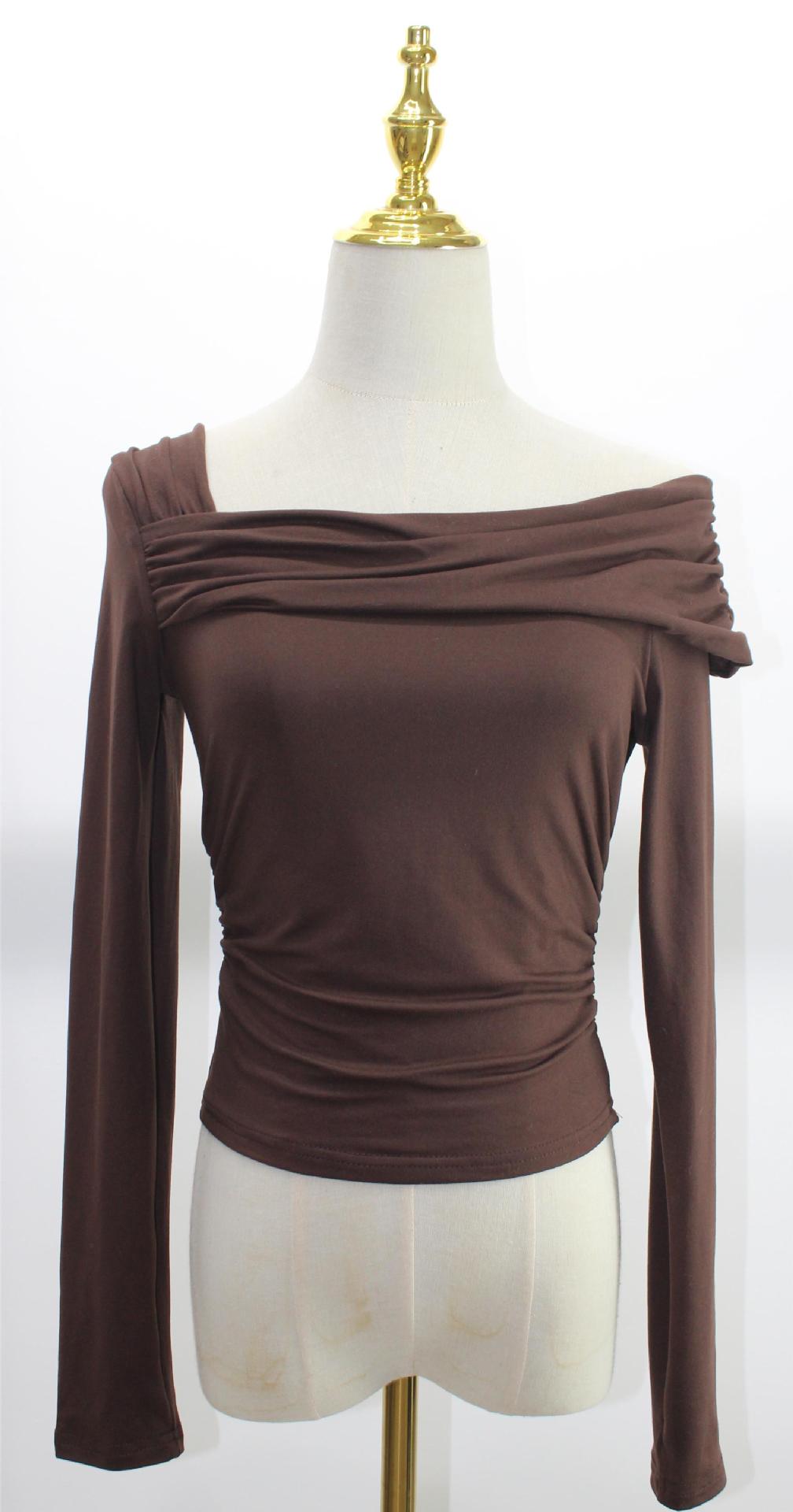 Asymmetric One Shoulder Ruched Knit Top - brown - 1