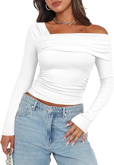 Asymmetric One Shoulder Ruched Knit Top - white