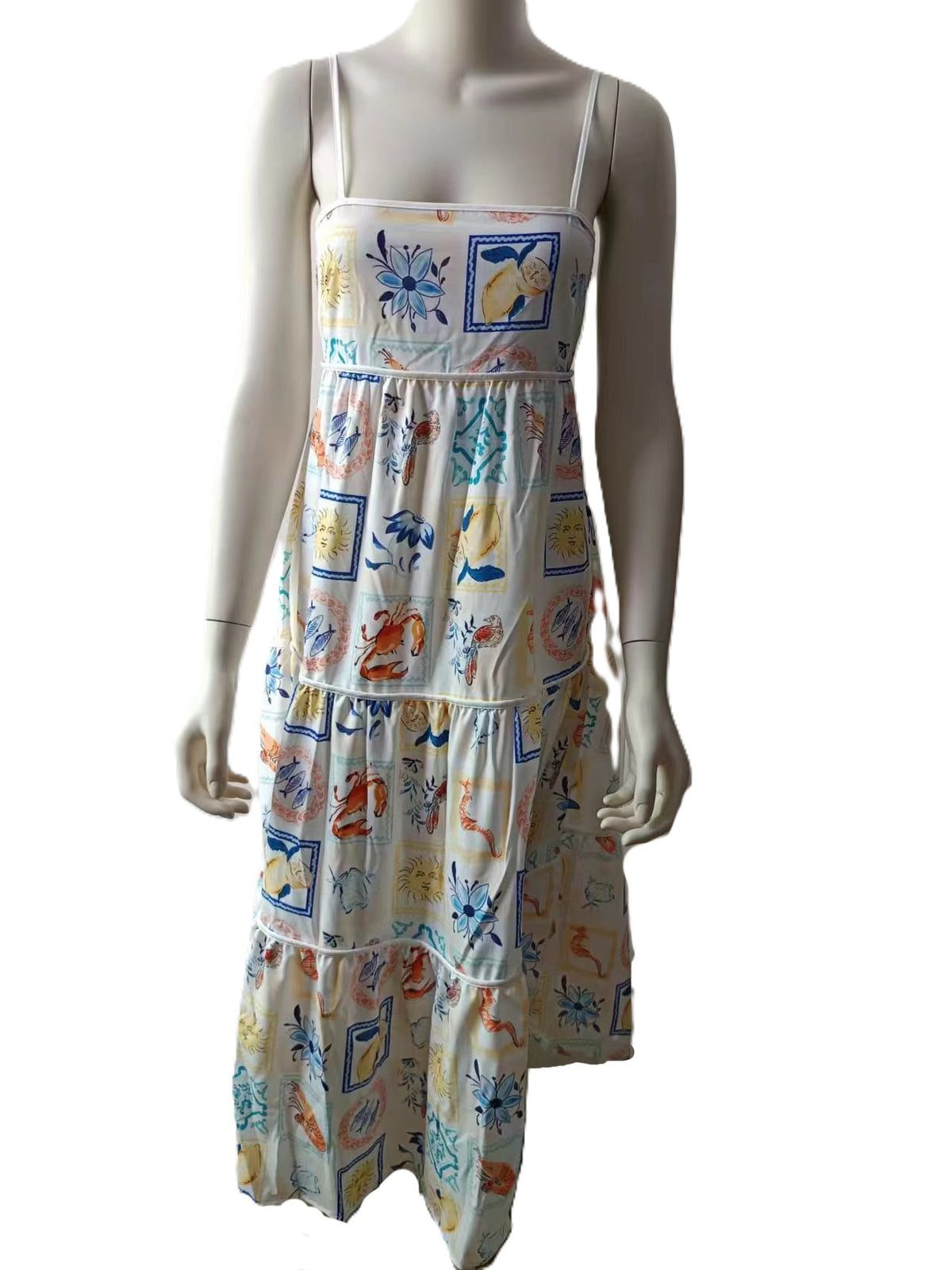 Tile Print Tiered Cami Maxi Dress - White