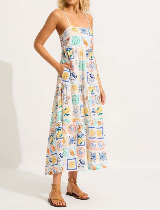 Tile Print Tiered Cami Maxi Dress - White - 3