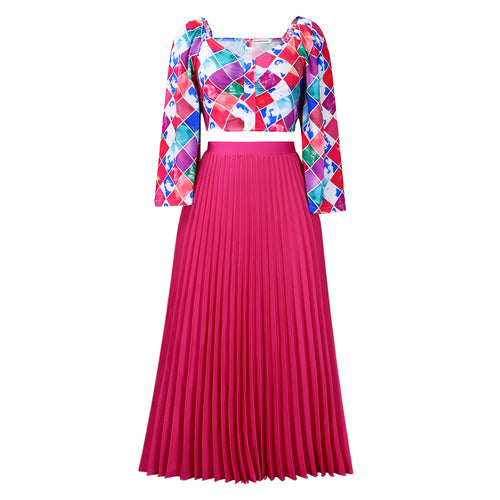 Abstract Print Top Pleated Maxi Skirt Set - Rosered