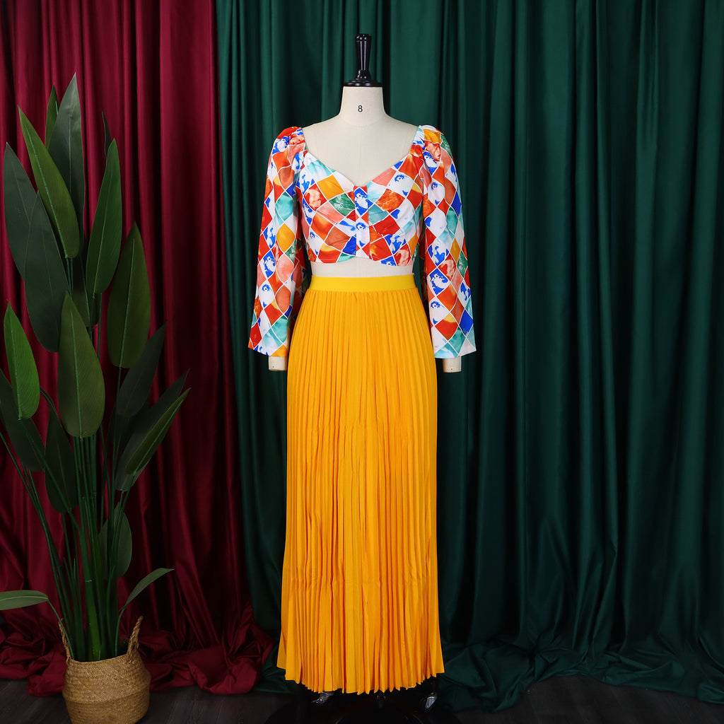Abstract Print Top Pleated Maxi Skirt Set - Yellow