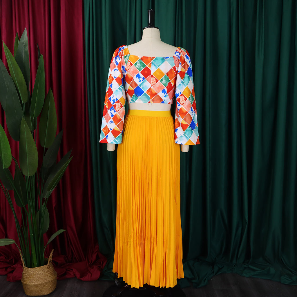 Abstract Print Top Pleated Maxi Skirt Set - Yellow - 2