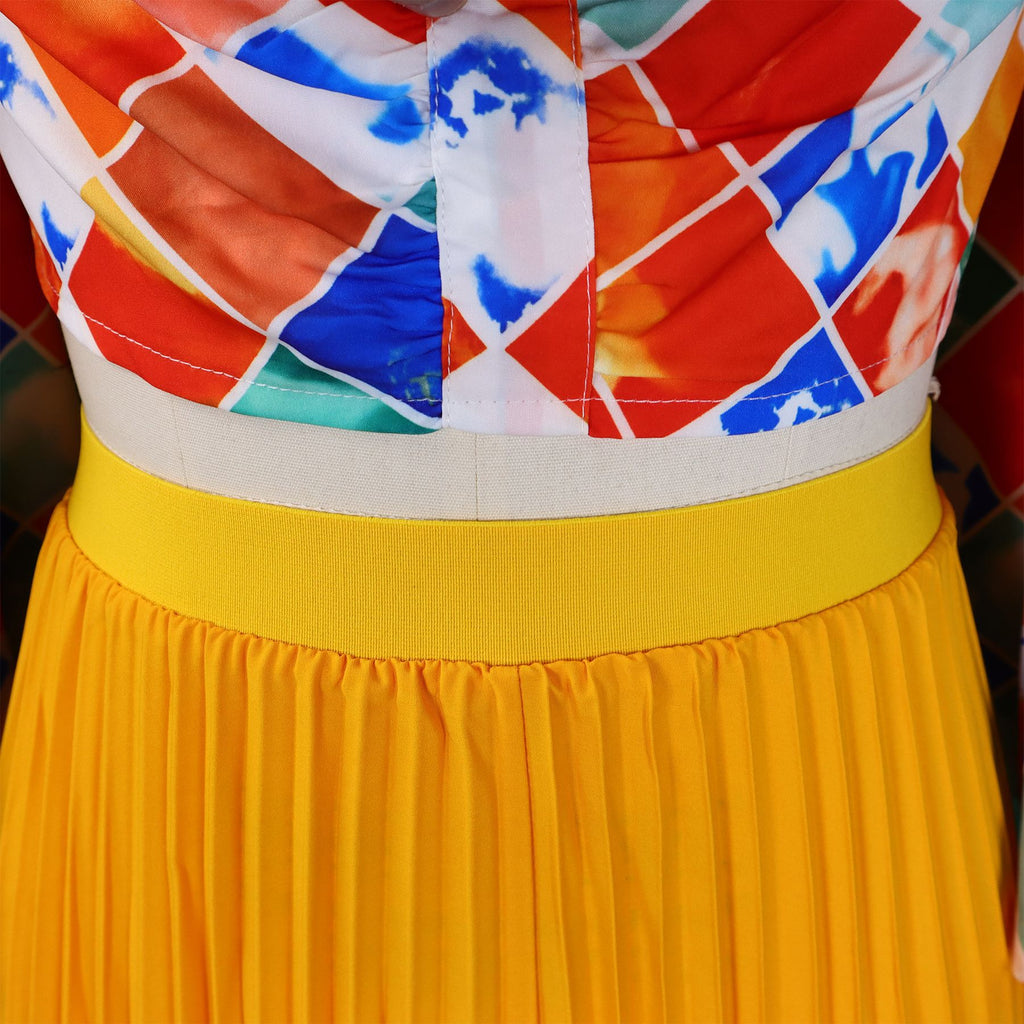 Abstract Print Top Pleated Maxi Skirt Set - Yellow - 4