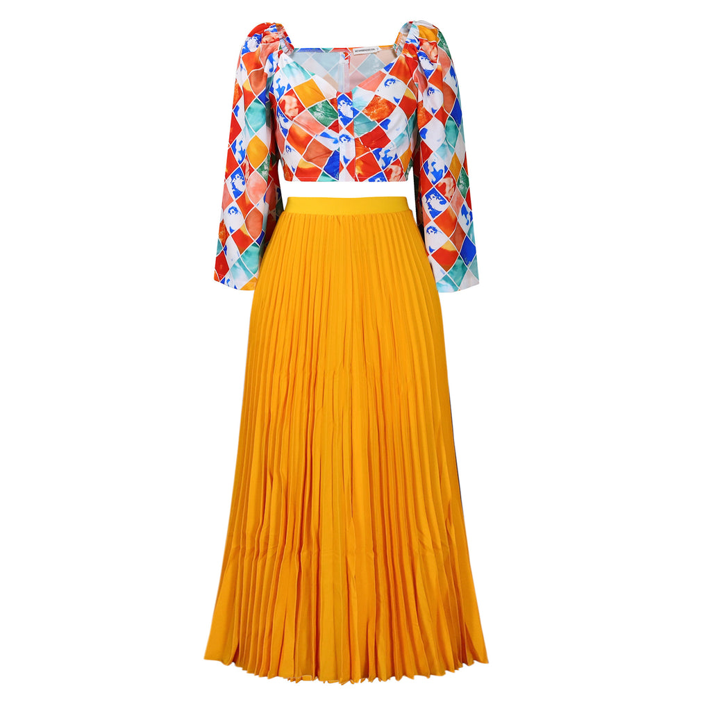 Abstract Print Top Pleated Maxi Skirt Set - Yellow - 5