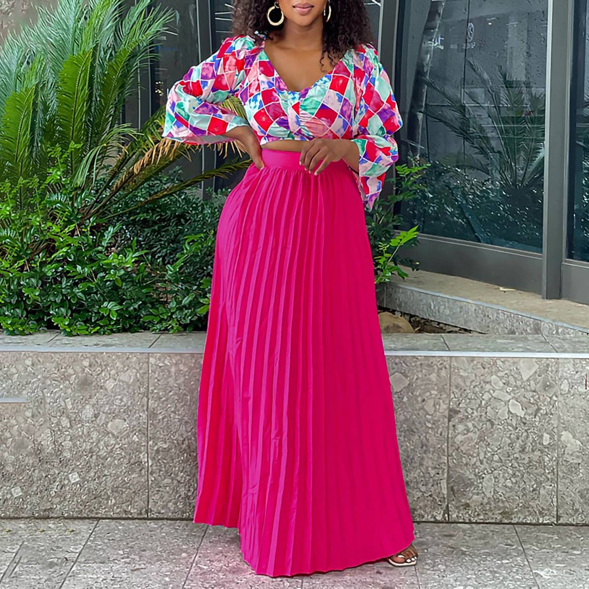 Abstract Print Top Pleated Maxi Skirt Set