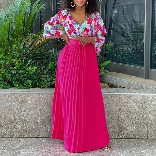 Abstract Print Top Pleated Maxi Skirt Set