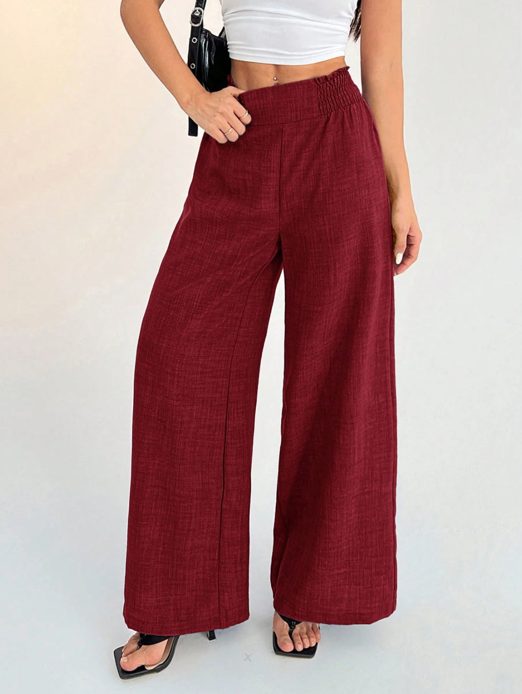 Flowy Palazzo Pants With Elastic Waistband - Red