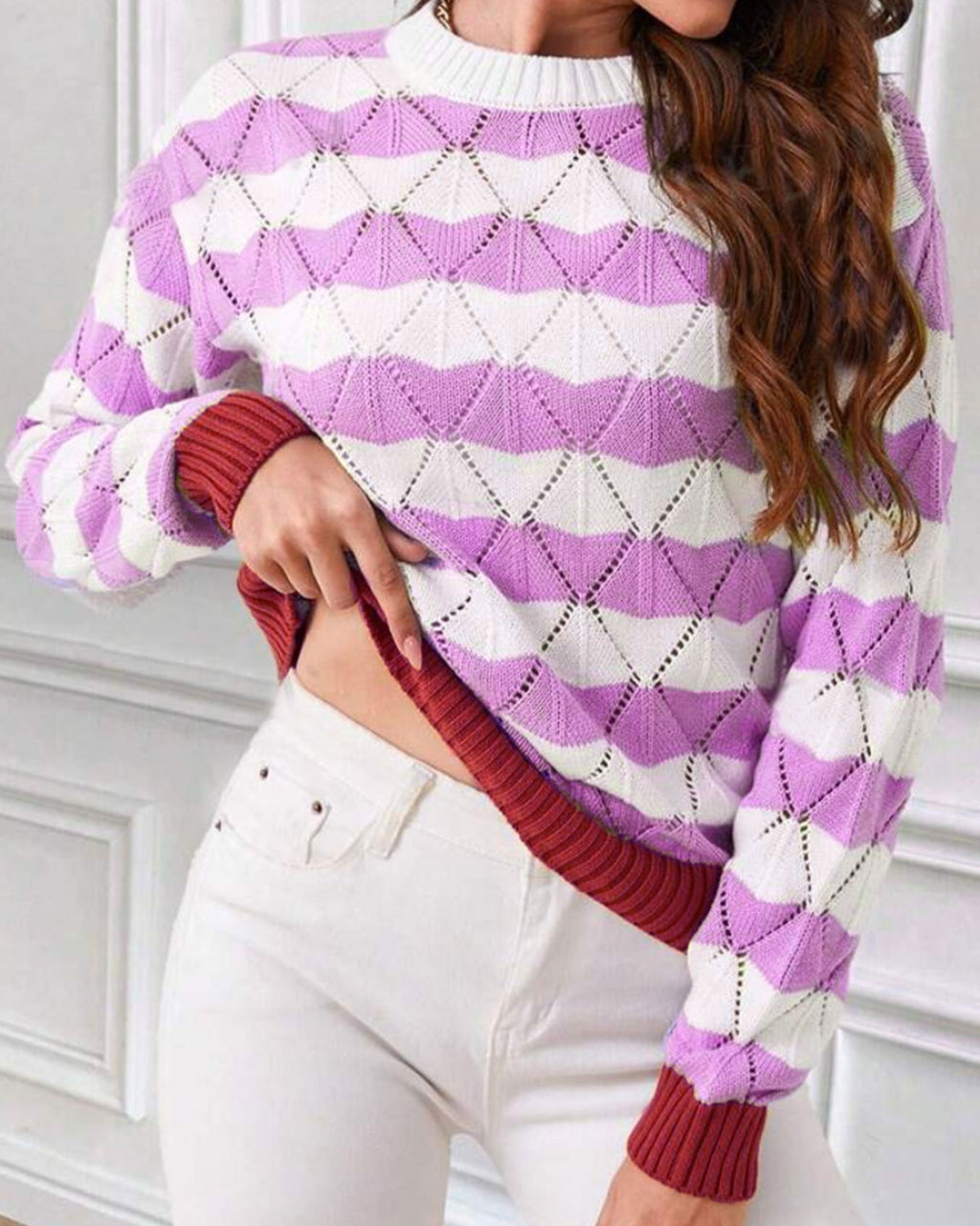 Scallop Stripe Contrast Trim Knit Sweater - Purple - 1