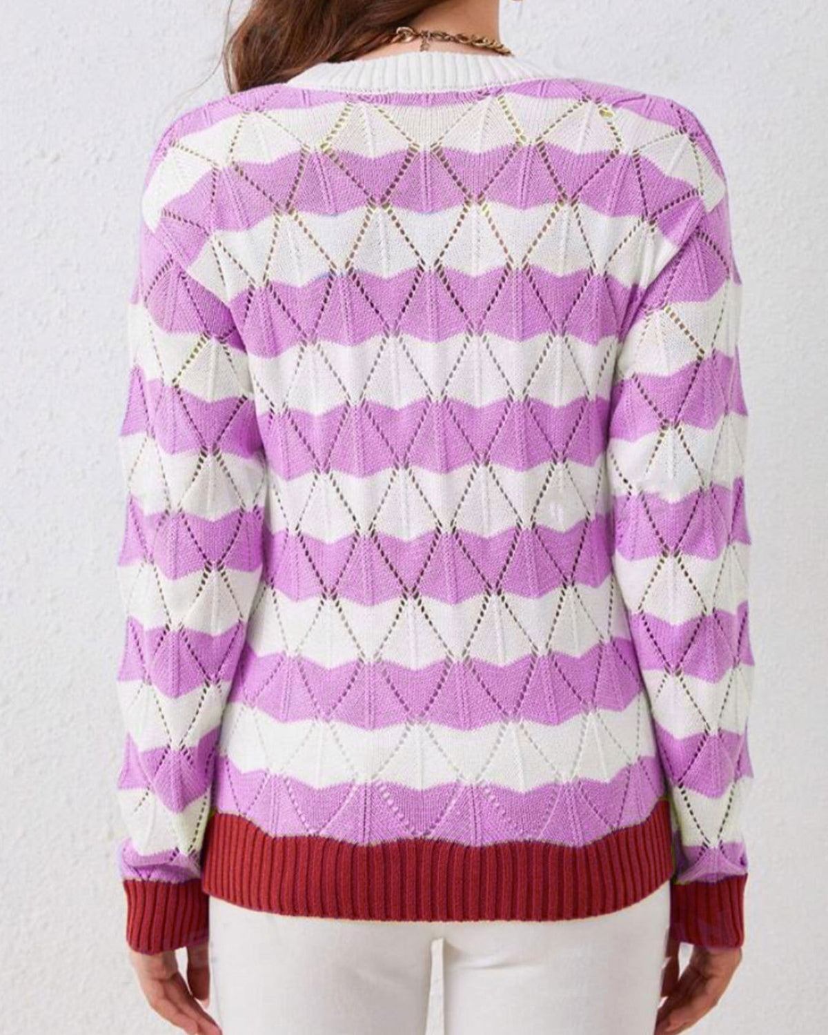 Scallop Stripe Contrast Trim Knit Sweater - Purple - 2