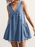 Frayed Seam Denim Swing Mini Dress - Blue