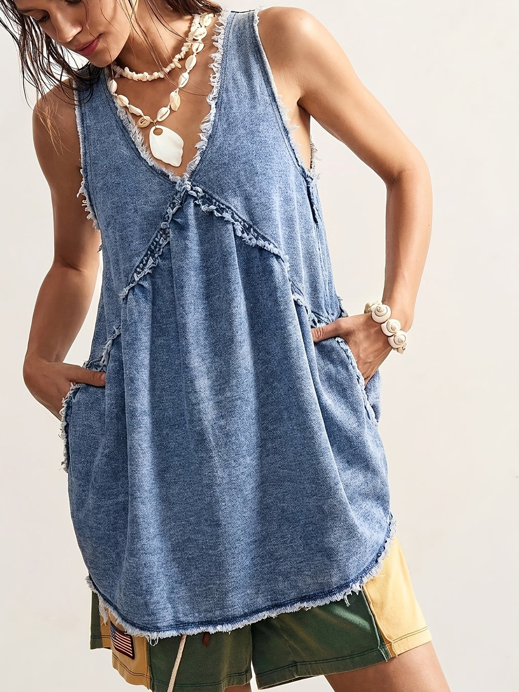 Frayed Seam Denim Swing Mini Dress - Blue - 2