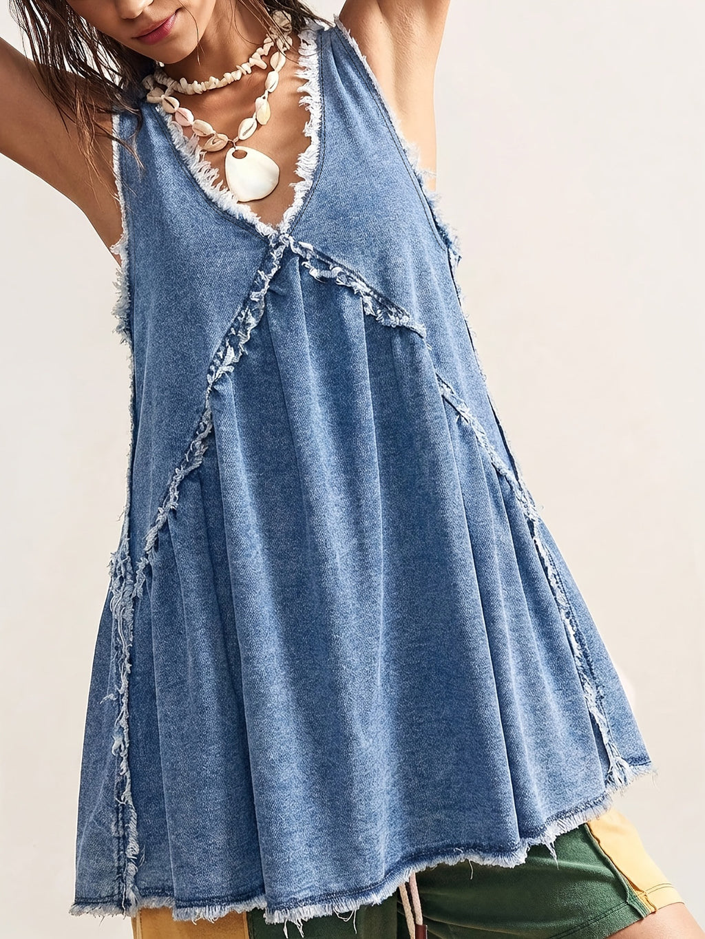 Frayed Seam Denim Swing Mini Dress - Blue - 4