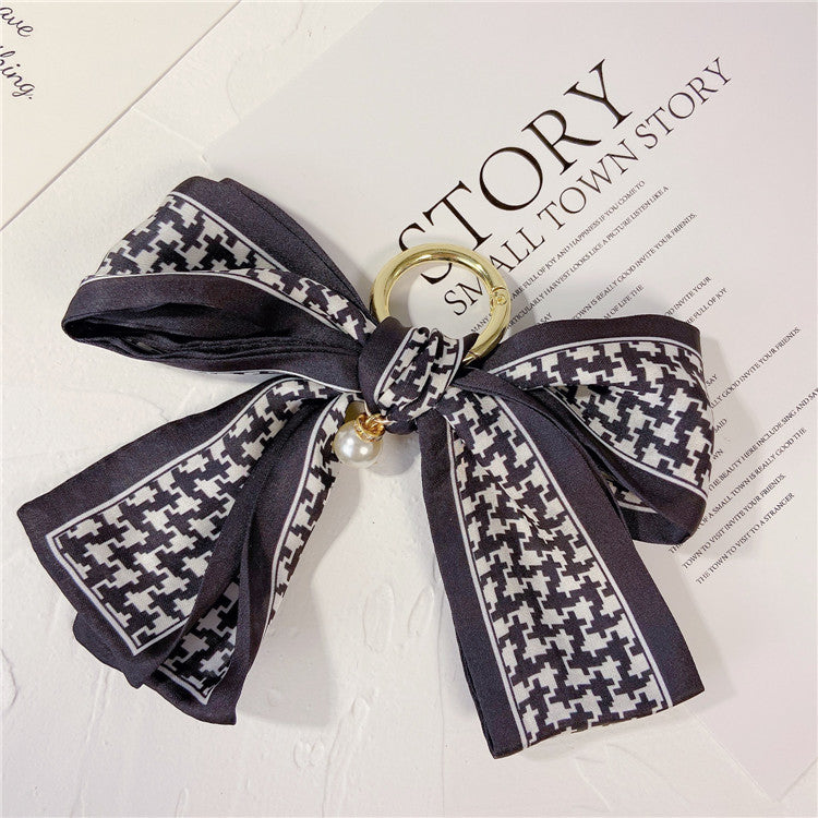Printed Scarf Bow Keychain Charm - Black