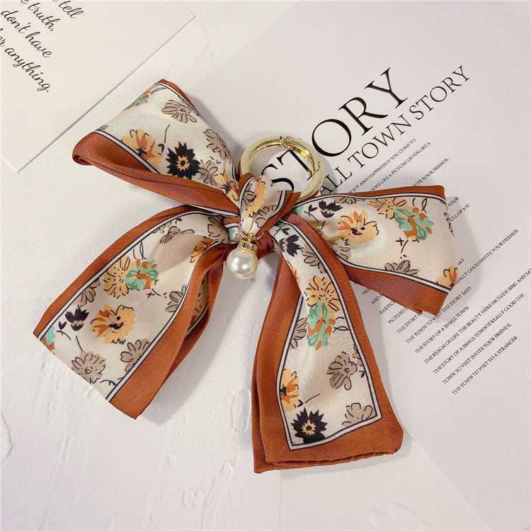 Printed Scarf Bow Keychain Charm - Coffee