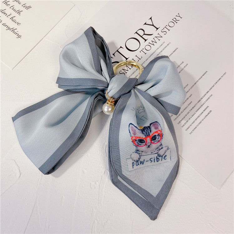 Printed Scarf Bow Keychain Charm - Grey