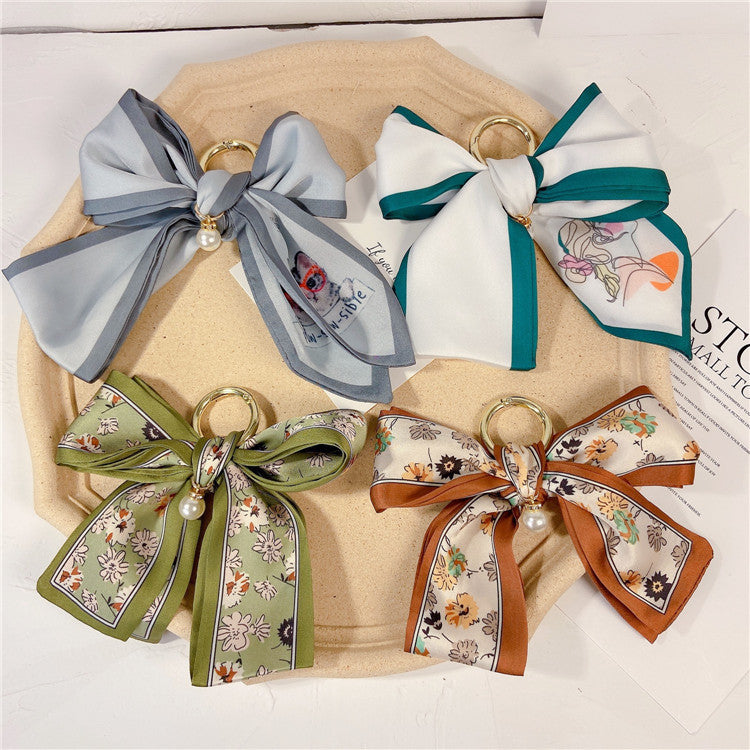 Printed Scarf Bow Keychain Charm - Grey - 1