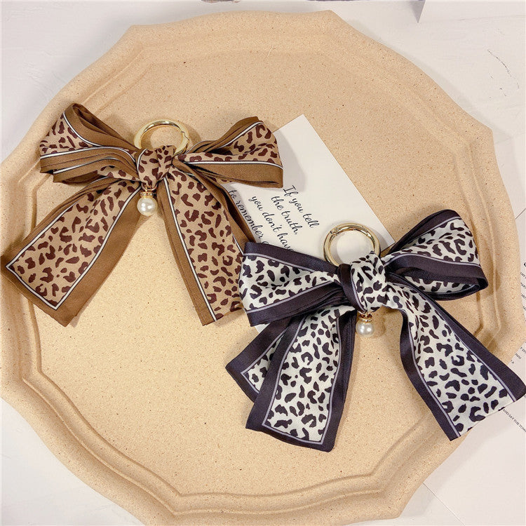 Printed Scarf Bow Keychain Charm - Grey - 2