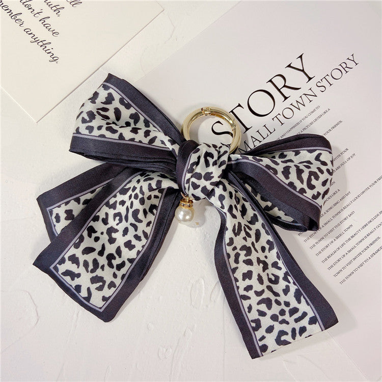 Printed Scarf Bow Keychain Charm - Leopard-B