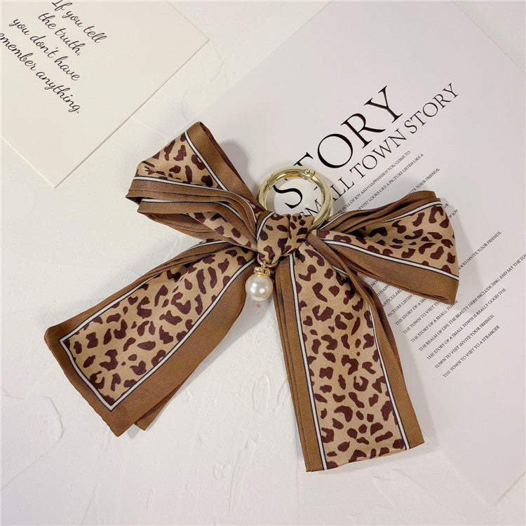 Printed Scarf Bow Keychain Charm - Leopard-C
