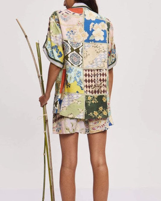 Linen Blend Patchwork Print Shirt Shorts Set - Decor - 2