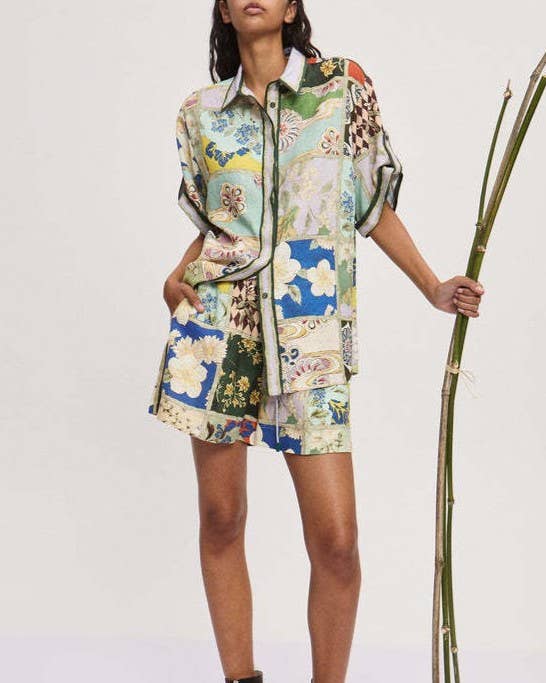 Linen Blend Patchwork Print Shirt Shorts Set
