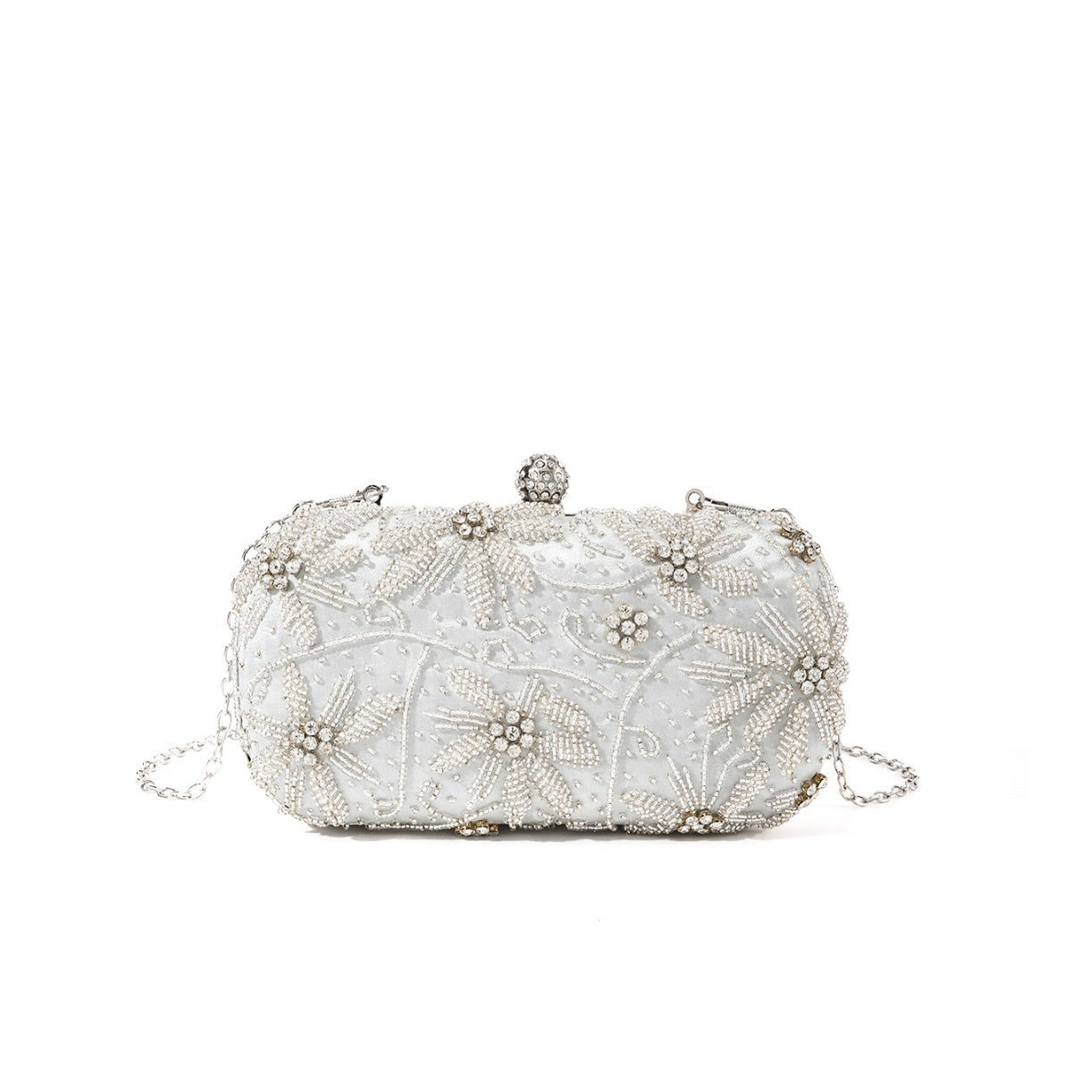 Beaded Floral Rhinestone Box Clutch - Silver