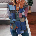 Patchwork Print Zip Neck Long Sleeve Tee - Block
