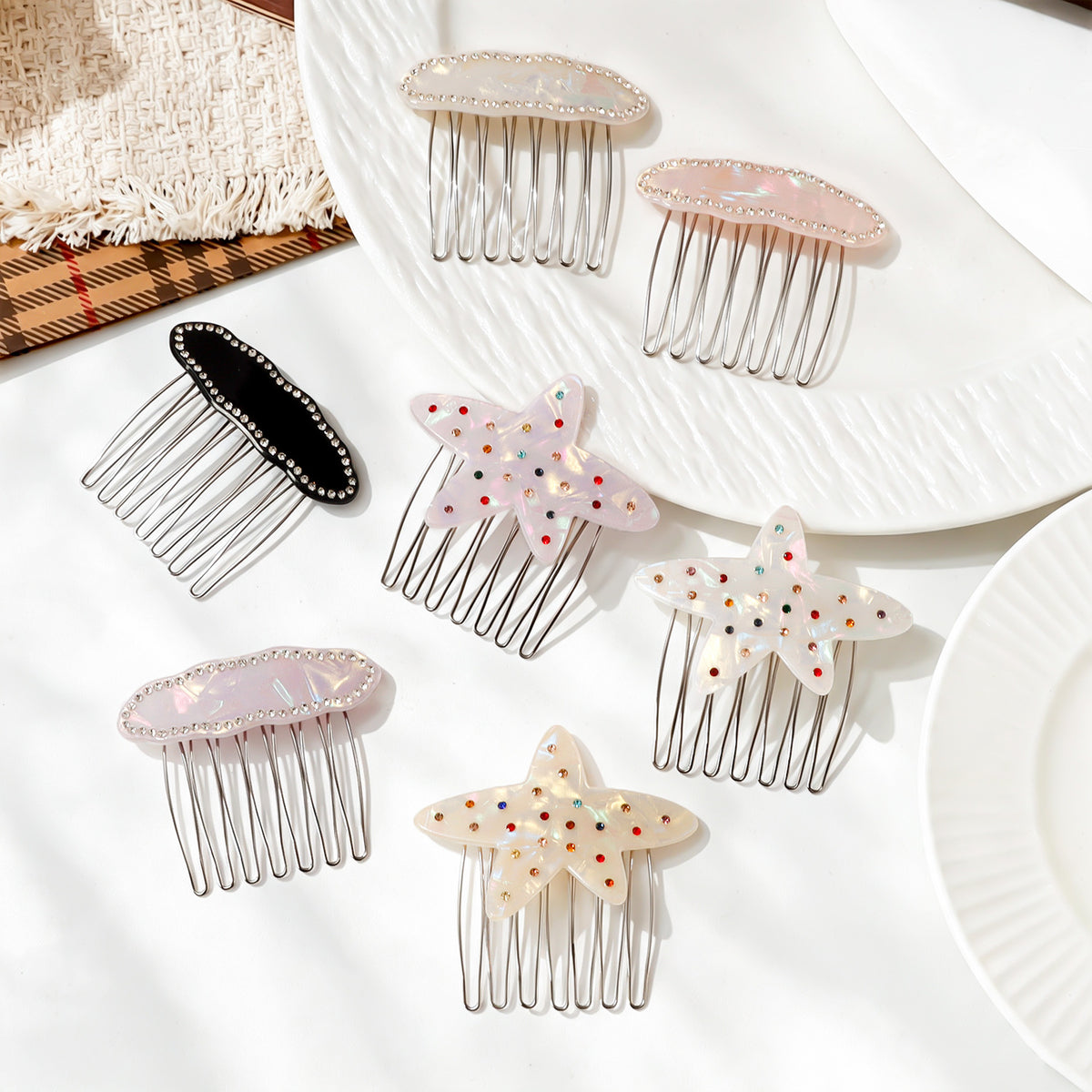 Rhinestone Side Hair Comb in Starfish or Oval Shape - view 1