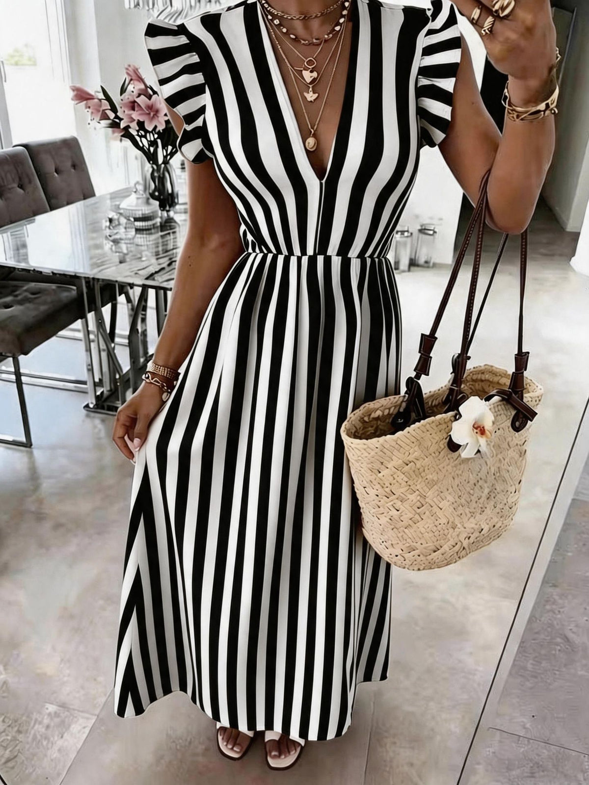 Striped Flutter Sleeve V-Neck Maxi Dress - Black