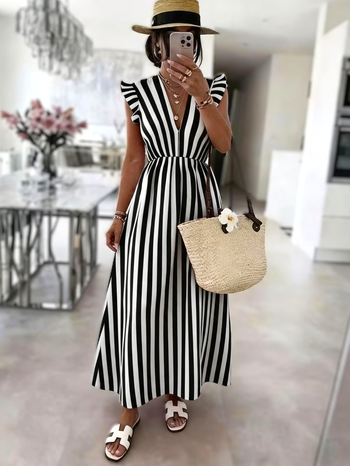 Striped Flutter Sleeve V-Neck Maxi Dress - Black - 1
