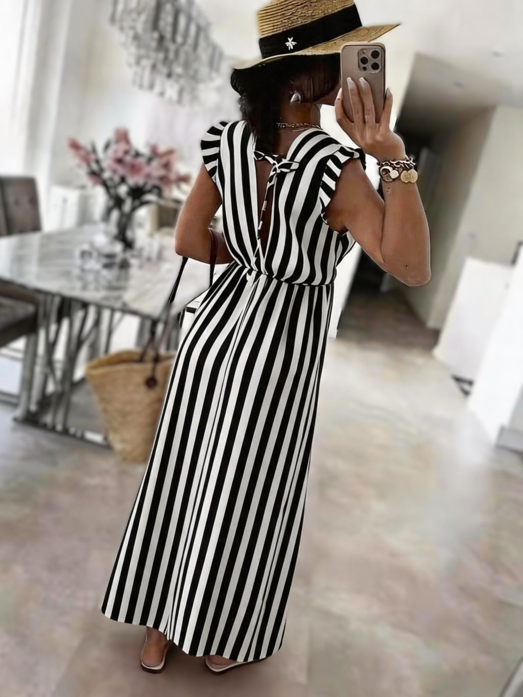 Striped Flutter Sleeve V-Neck Maxi Dress - Black - 2
