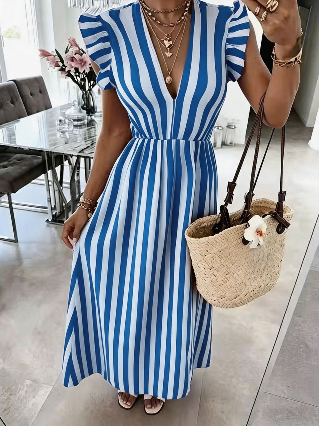 Striped Flutter Sleeve V-Neck Maxi Dress - Blue