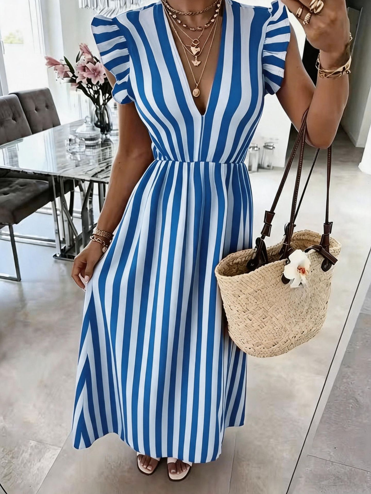 Striped Flutter Sleeve V-Neck Maxi Dress - Blue