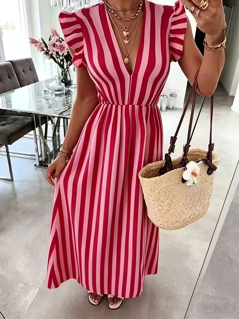 Striped Flutter Sleeve V-Neck Maxi Dress - RoseRed