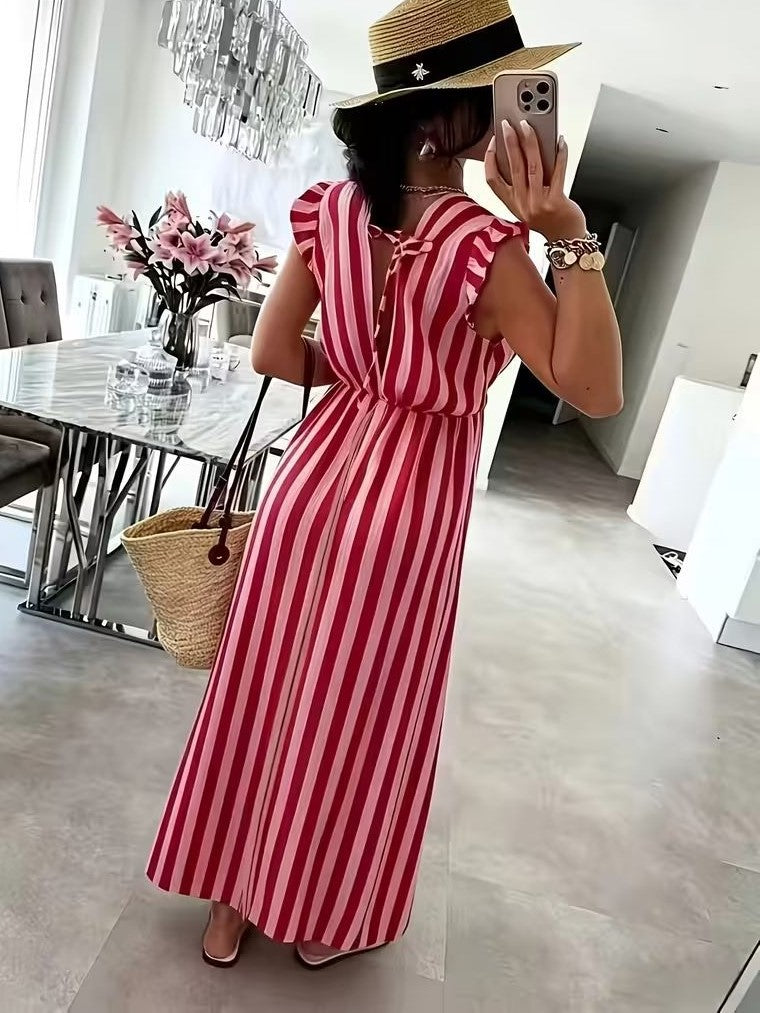 Striped Flutter Sleeve V-Neck Maxi Dress - RoseRed - 1