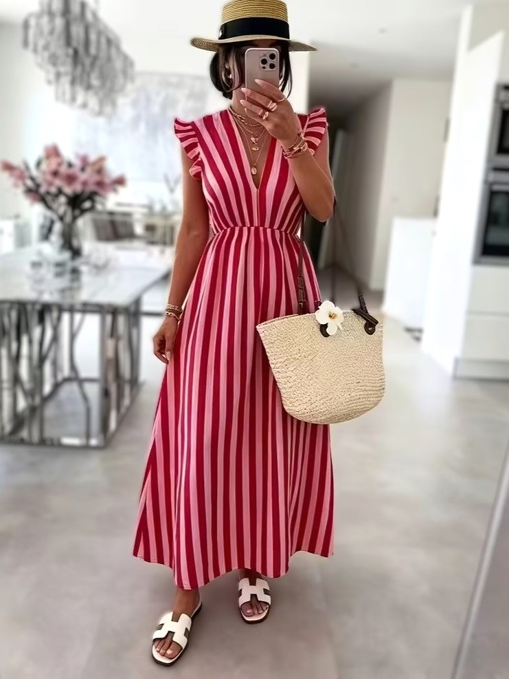 Striped Flutter Sleeve V-Neck Maxi Dress - RoseRed - 2