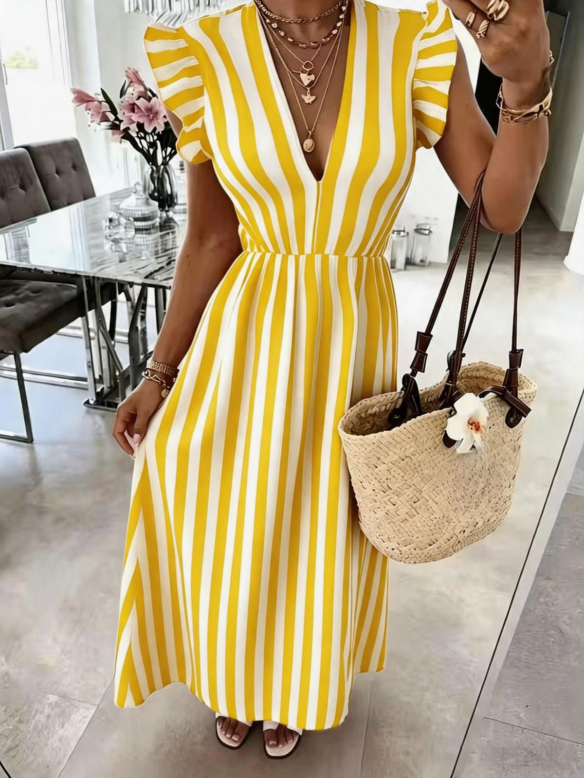 Striped Flutter Sleeve V-Neck Maxi Dress - Yellow