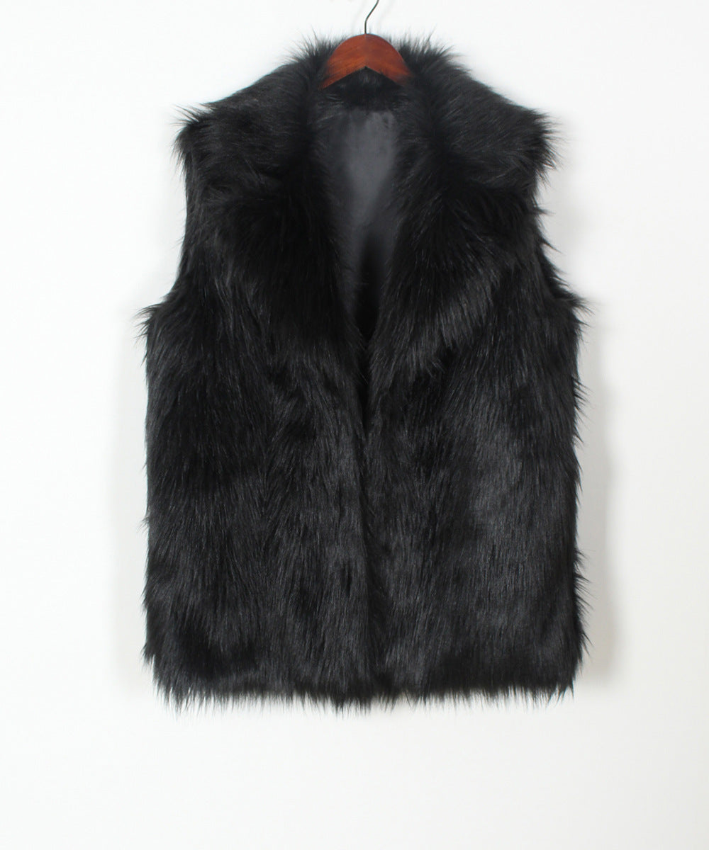 Longline Sleeveless Faux Fur Lapel Coat - Black