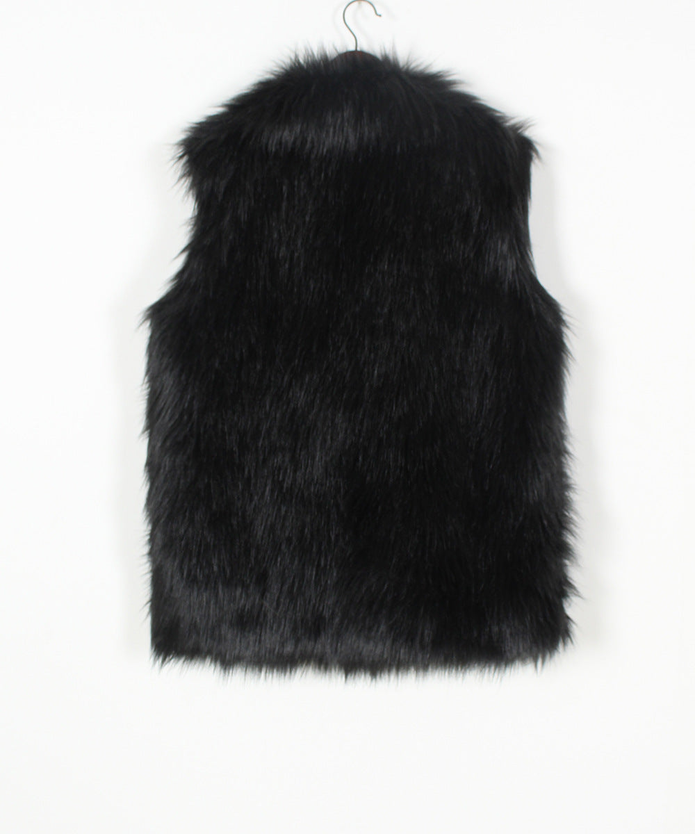 Longline Sleeveless Faux Fur Lapel Coat - Black - 1