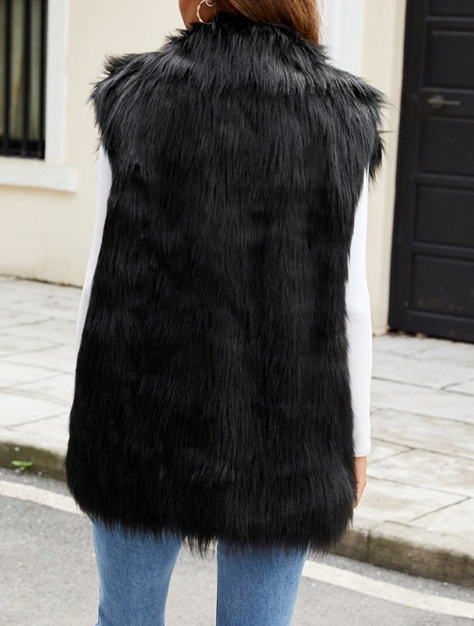 Longline Sleeveless Faux Fur Lapel Coat - Black - 2