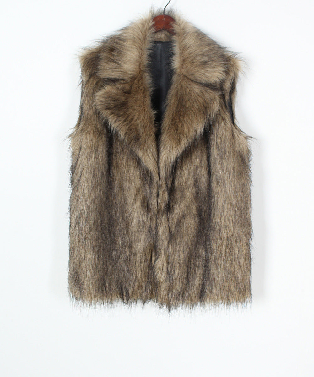 Longline Sleeveless Faux Fur Lapel Coat - Camel